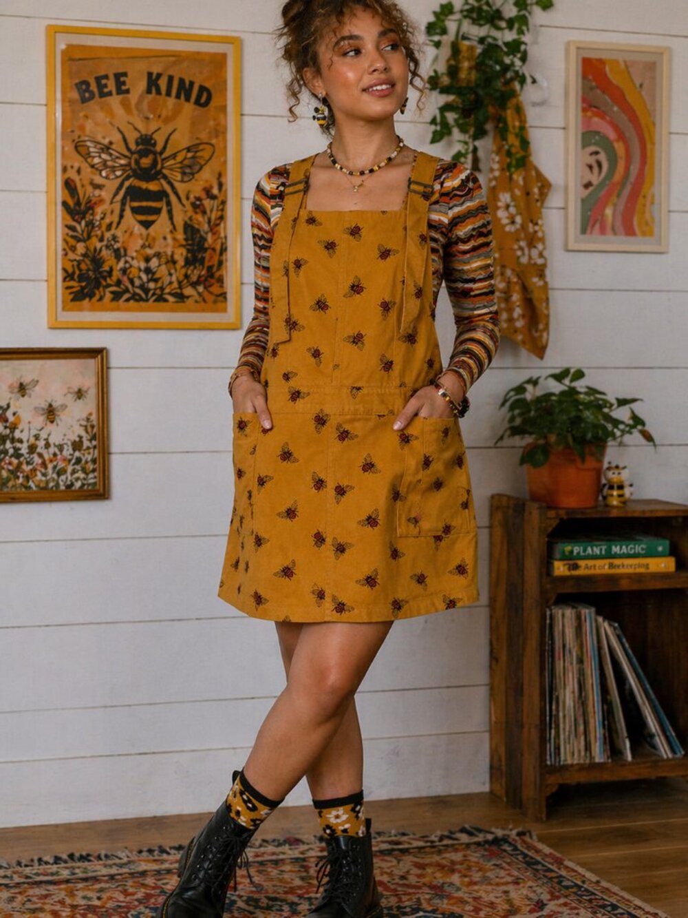 Run And Fly Bee Yellow Retro Cotton Cord Pinafore Dungaree Dress Sz UK 20 US 16